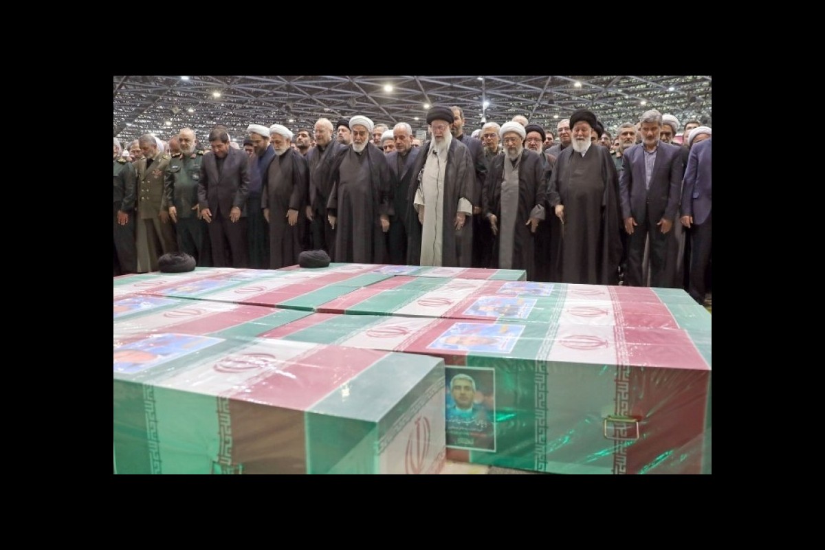 Imam Khamenei performs funeral prayer for Martyr Raeisi, his companions