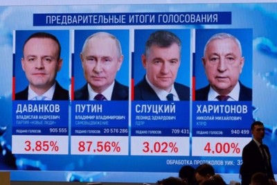 Putin wins the Russian presidential election by a landslide, getting about 88 percent of the vote