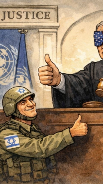 An international court whose eyes are not closed but covered with an American flag