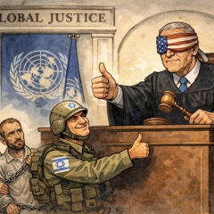 An international court whose eyes are not closed but covered with an American flag