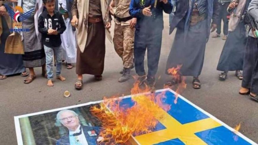 Yemen, Swedish flag on fire after desecration of the Quran